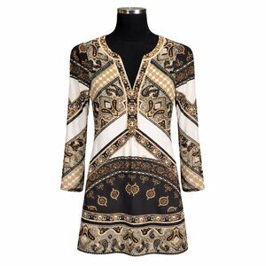 Hale Bob Vintage Matte Jersey V-Neck Shift Dress - Earthy Paisley Tile Print - L